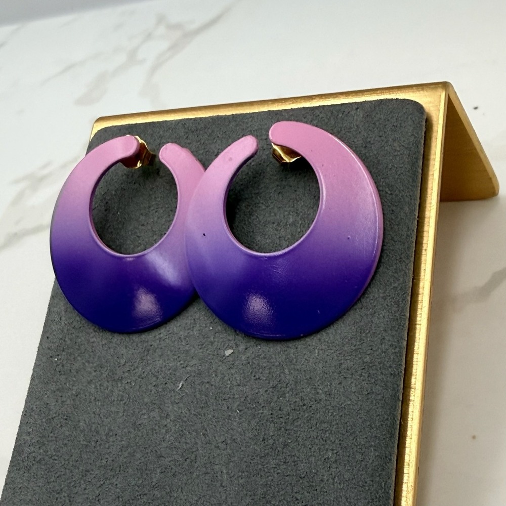 Vintage Charlotte Purple Gold-Toned Fashion Retro Circle Enamel Hoop Earrings‎